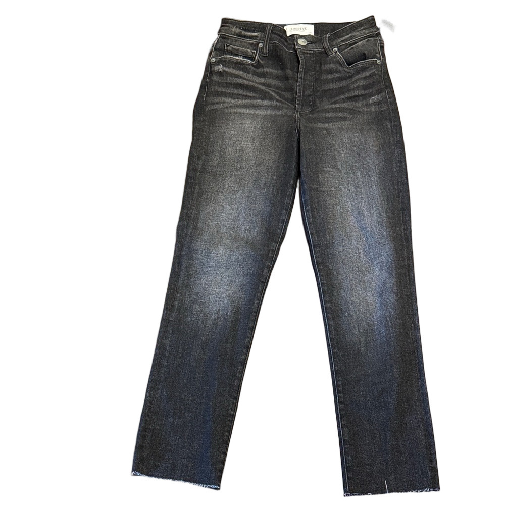Evereve Black the Ever-Straight Leg Button-Fly Jeans with Raw Hem Size 26 NWT